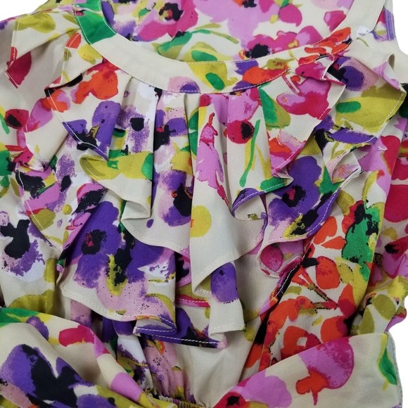 Express Dress Floral Knee Length Belted Sundress Womens Sz M  Ruffle Bib Pockets - Picture 7 of 16